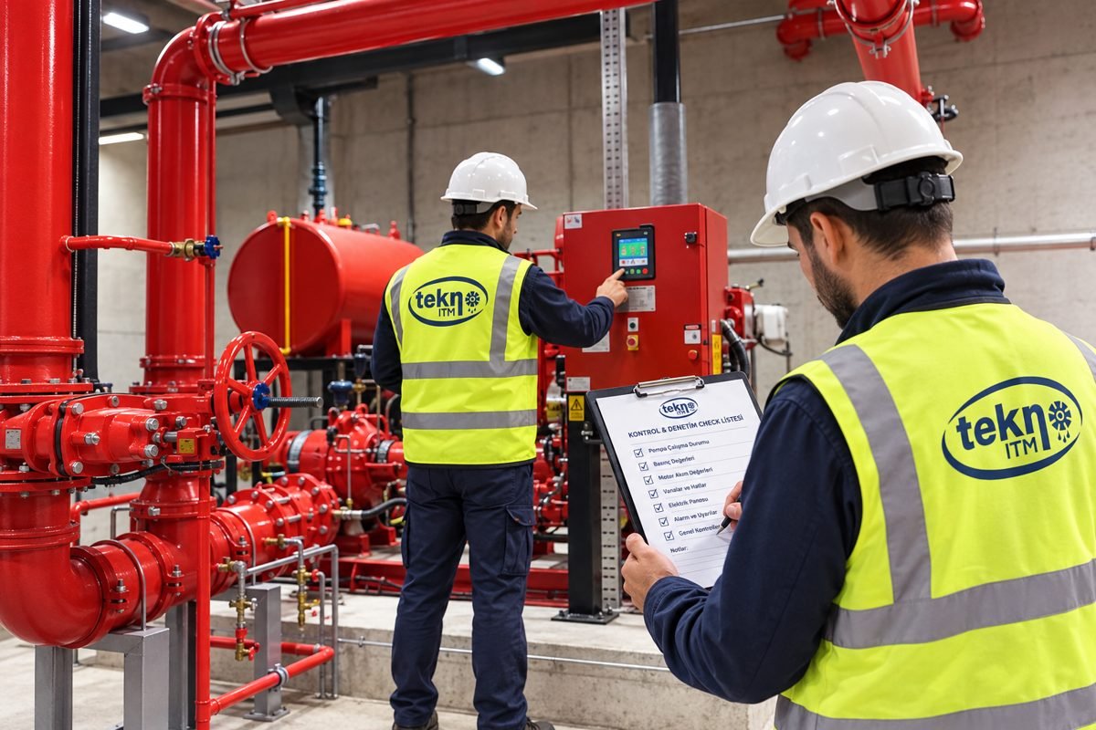 Tekno ITM engineers inspecting a fire pump room: pump controller, valves and inspection checklist